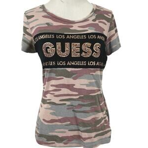Guess Women Y2k Camouflage Tshirt Short Sleeve Princess Baddie Bling Pink Medium